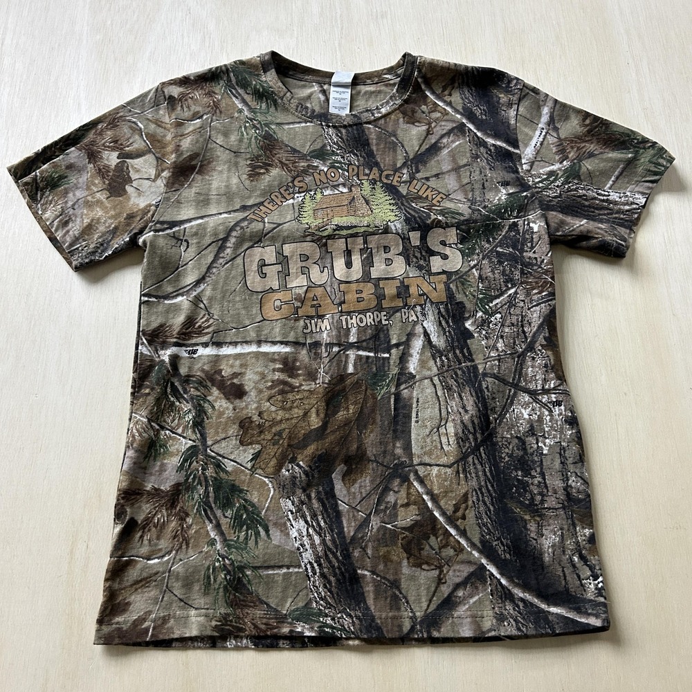 Y2K Grub's Cabin Jim Thorpe PA Shirt Mens Medium Brown Camo Tee T-Shirt Code V